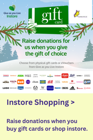 Give as You Live graphic of green gift card and shop logos listed along lower part of picture